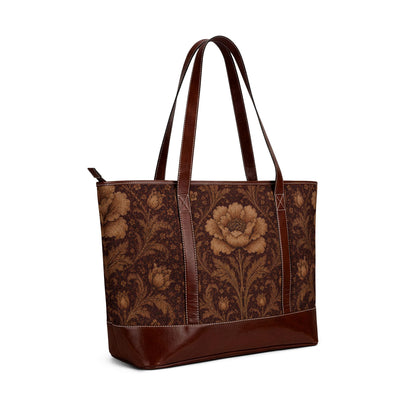 William Morris Floral Damask Rose Leather Trim Shoulder Tote Bag