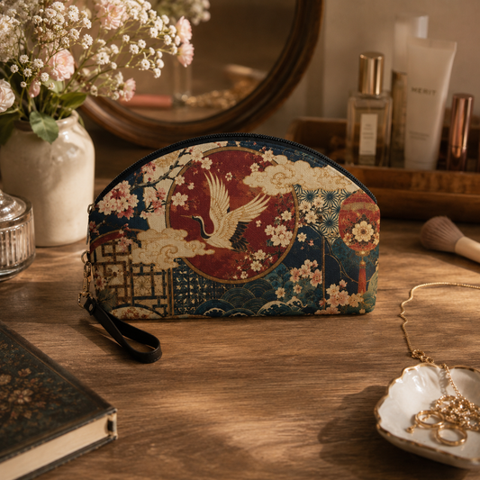 East Asian Floral Crane Makeup Bag