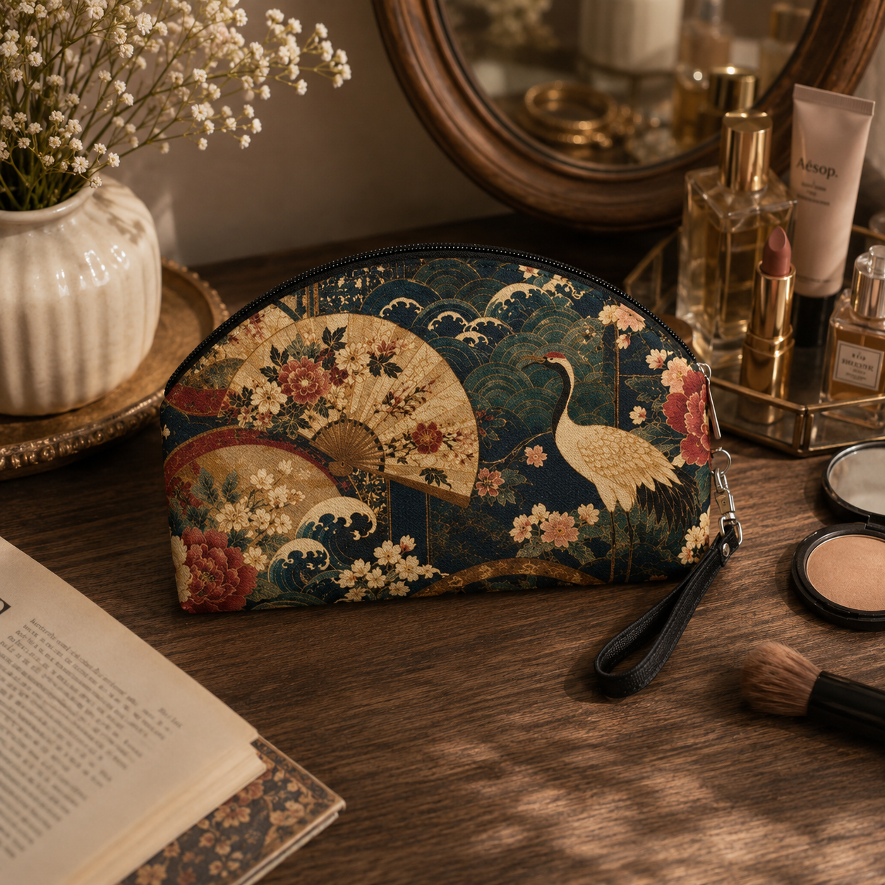 East Asian Floral Crane Makeup Bag