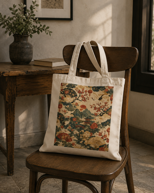 100% Natural Cotton East Asian Vintage Landscape Tote Bag