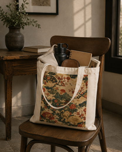 100% Natural Cotton East Asian Vintage Landscape Tote Bag