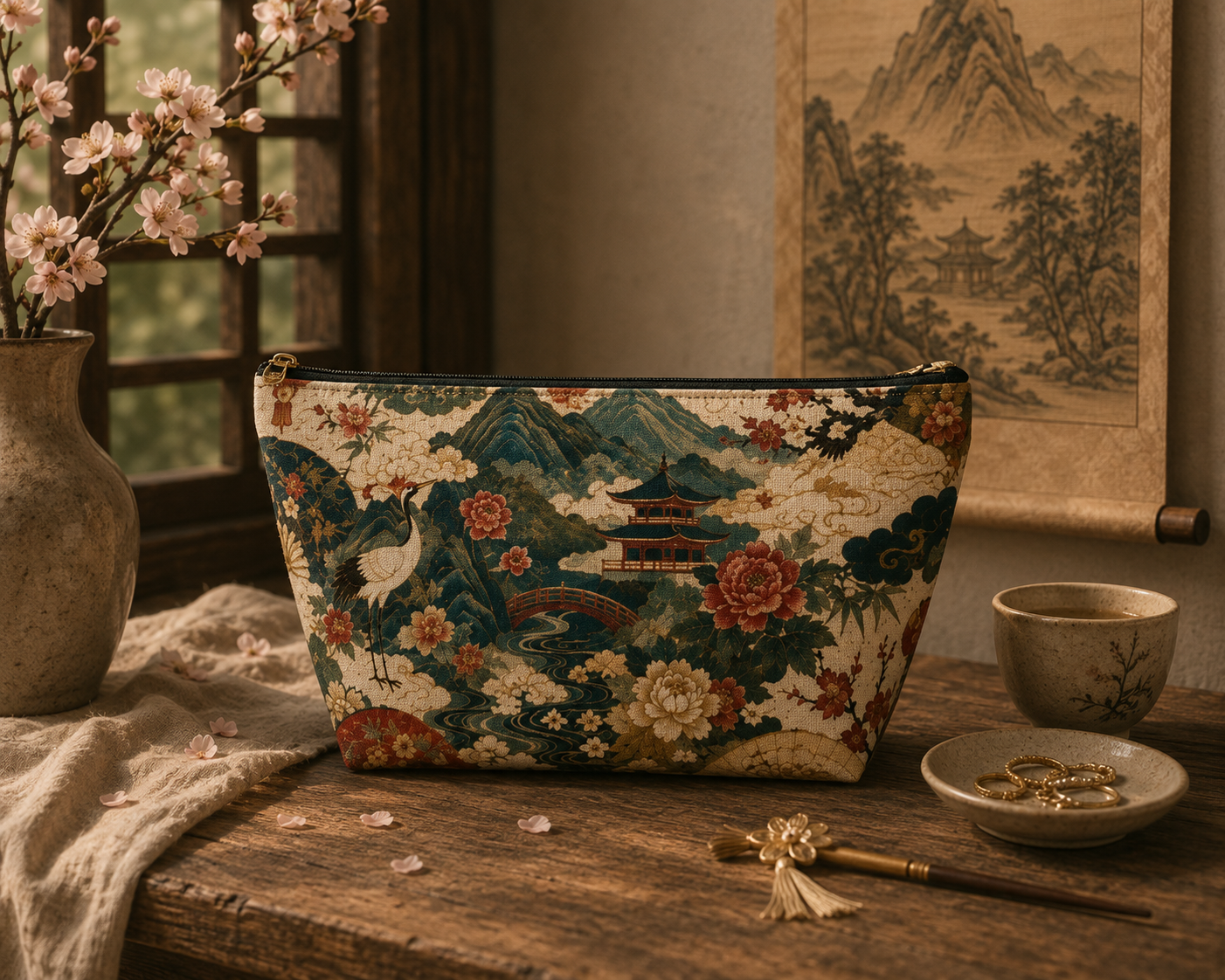 East Asian Vintage Landscape Accessory Makeup Pouch