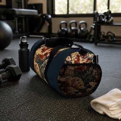 East Asian Floral Crane Navy Blue Duffel Gym Bag