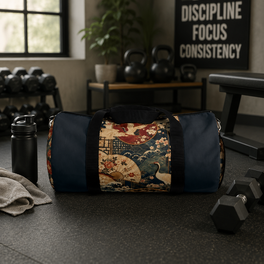East Asian Floral Crane Navy Blue Duffel Gym Bag