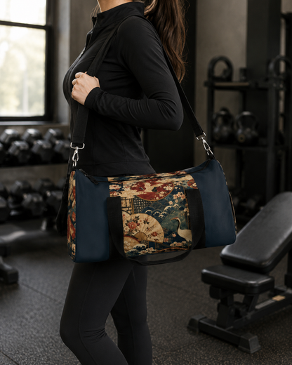 East Asian Floral Crane Navy Blue Duffel Gym Bag