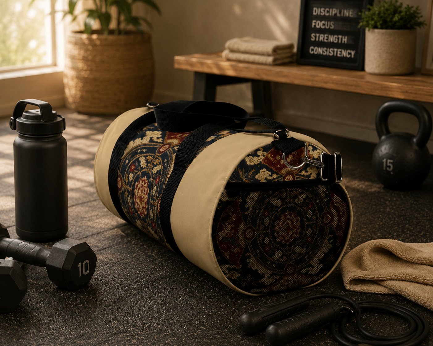 East Asian Mandala Beige Duffel Gym Bag