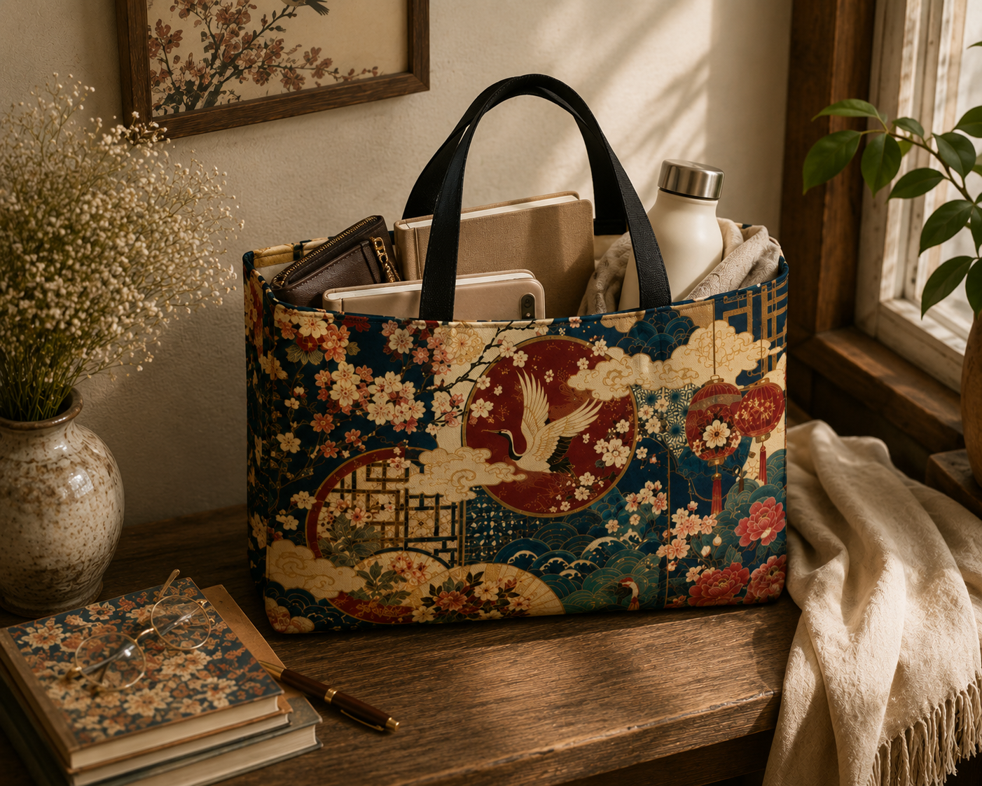 East Asian Floral Crane Weekender Tote Bag