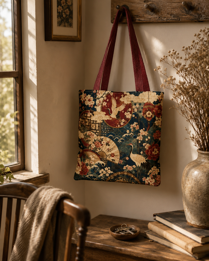 East Asian Floral Crane Full Art Tote Bag