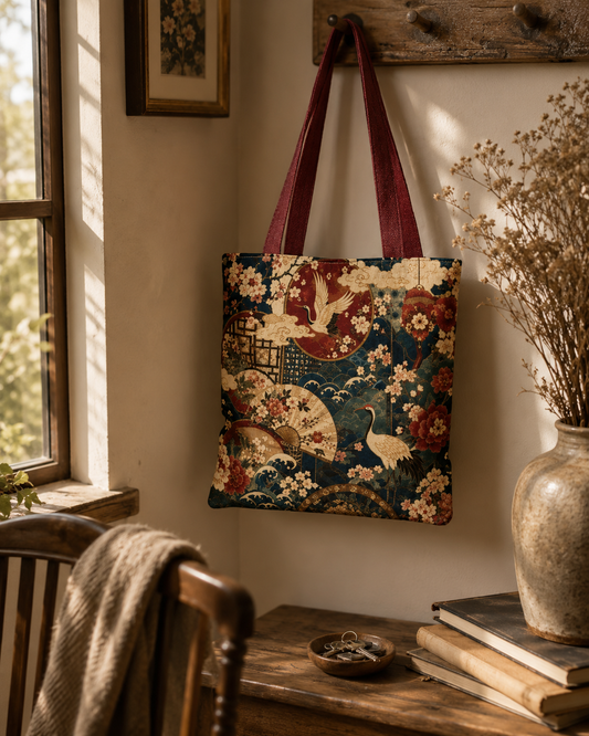 East Asian Floral Crane Full Art Tote Bag