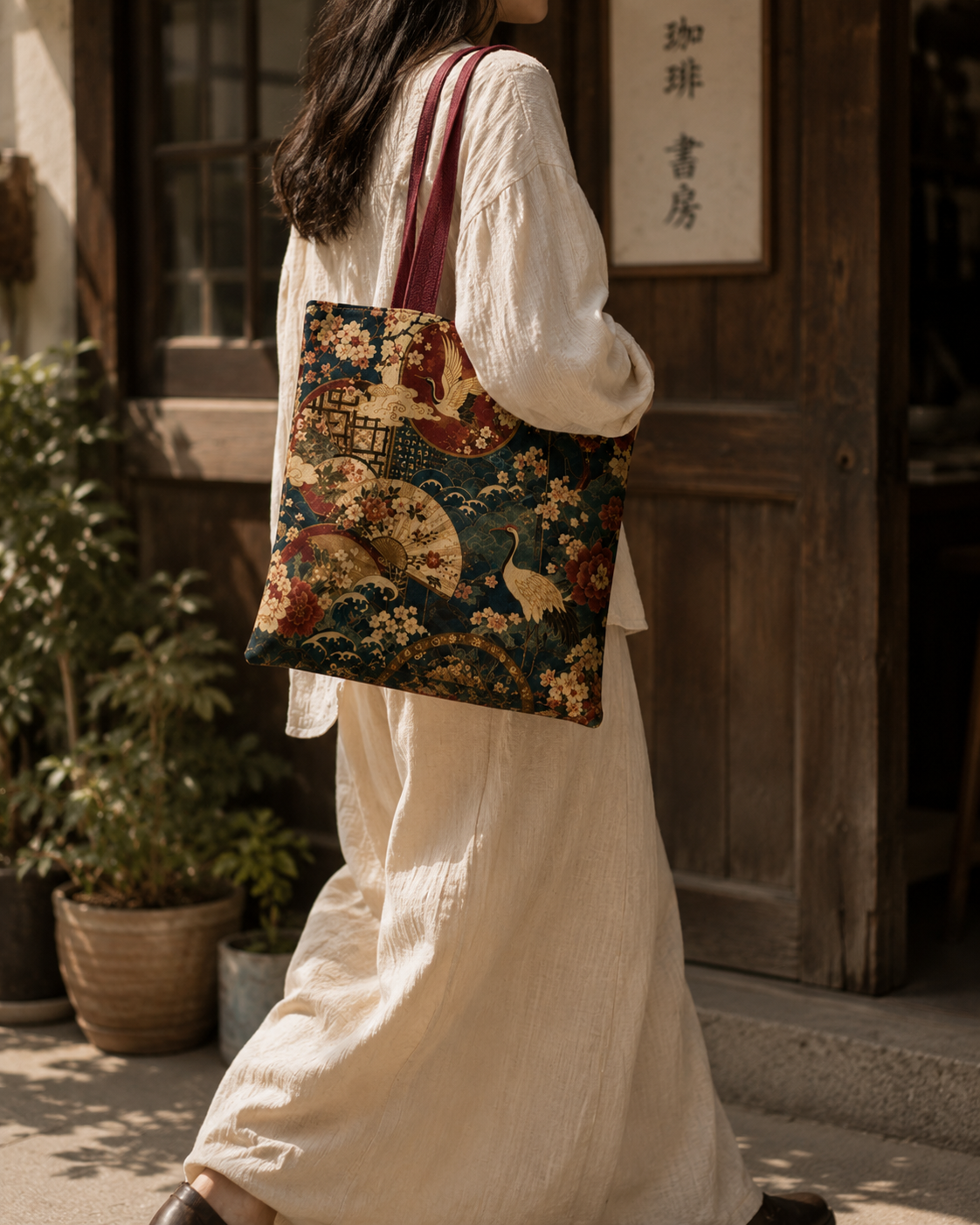 East Asian Floral Crane Full Art Tote Bag