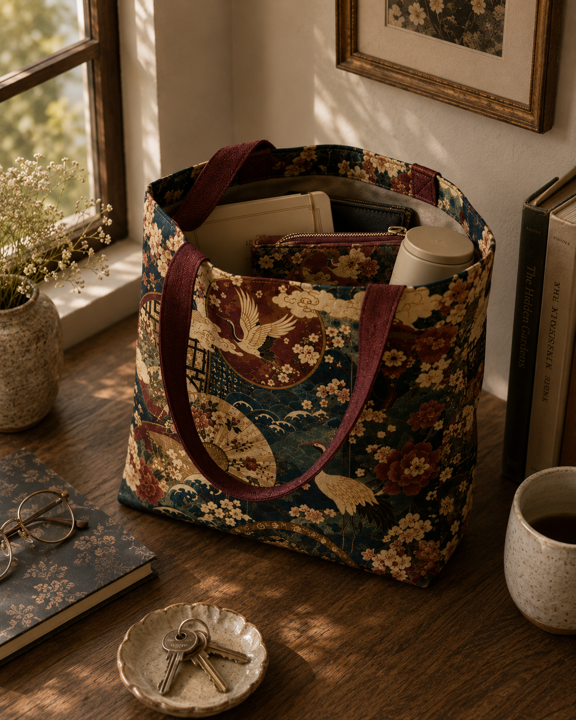 East Asian Floral Crane Full Art Tote Bag