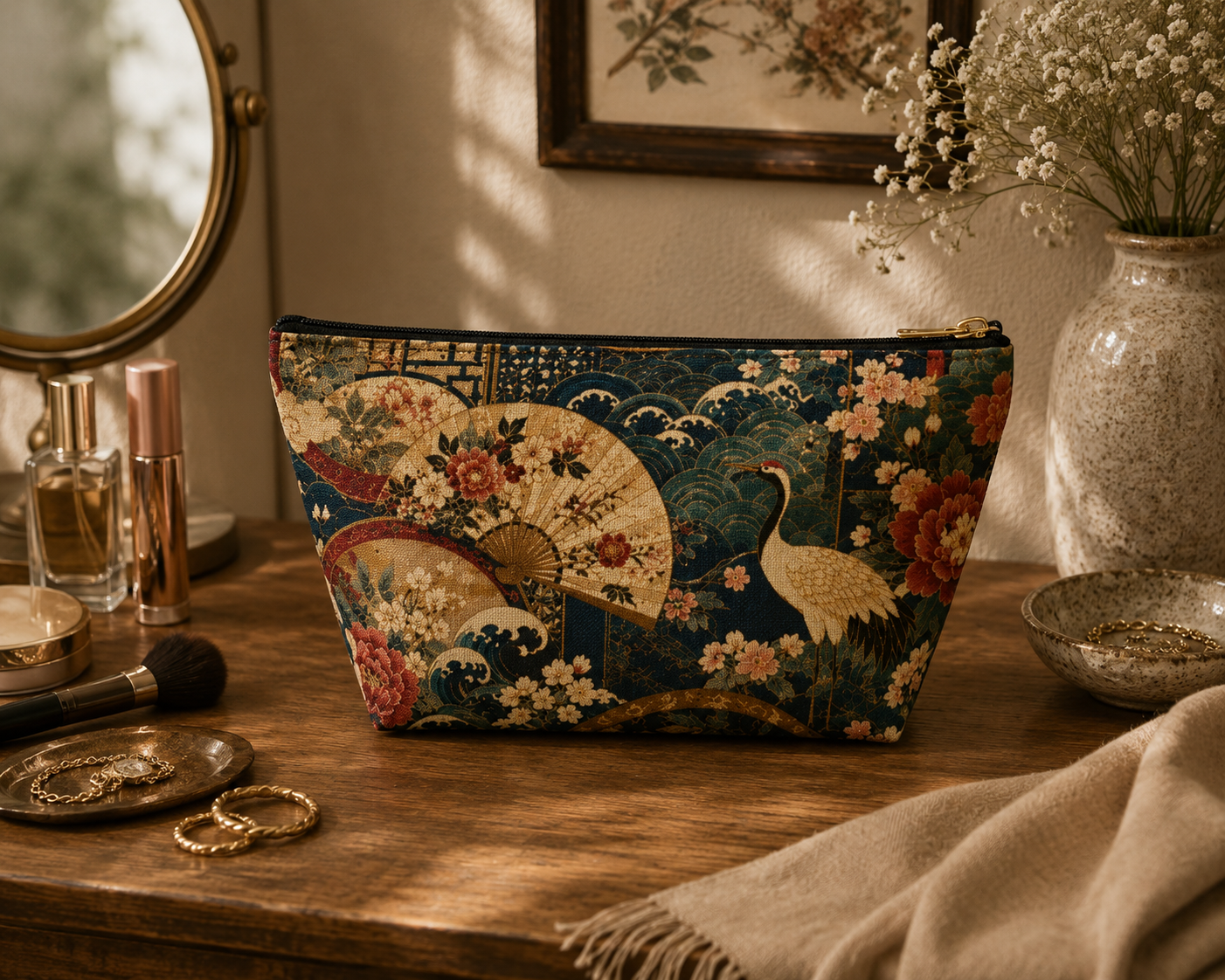 East Asian Floral Crane Accessory Makeup Pouch
