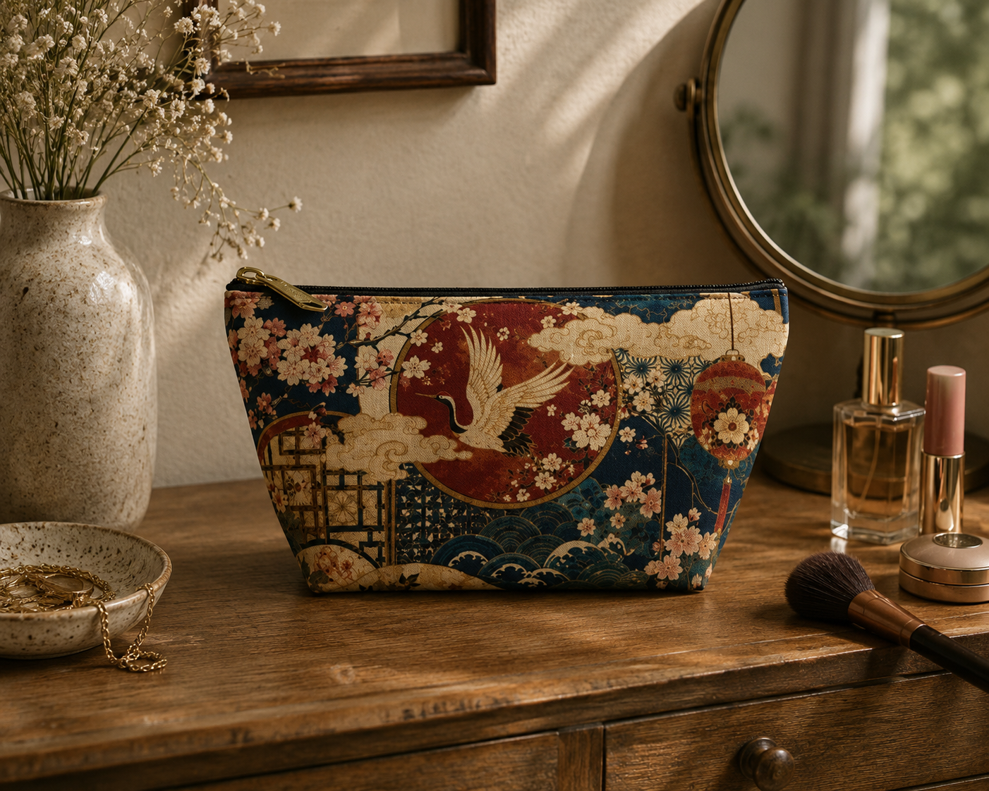 East Asian Floral Crane Accessory Makeup Pouch