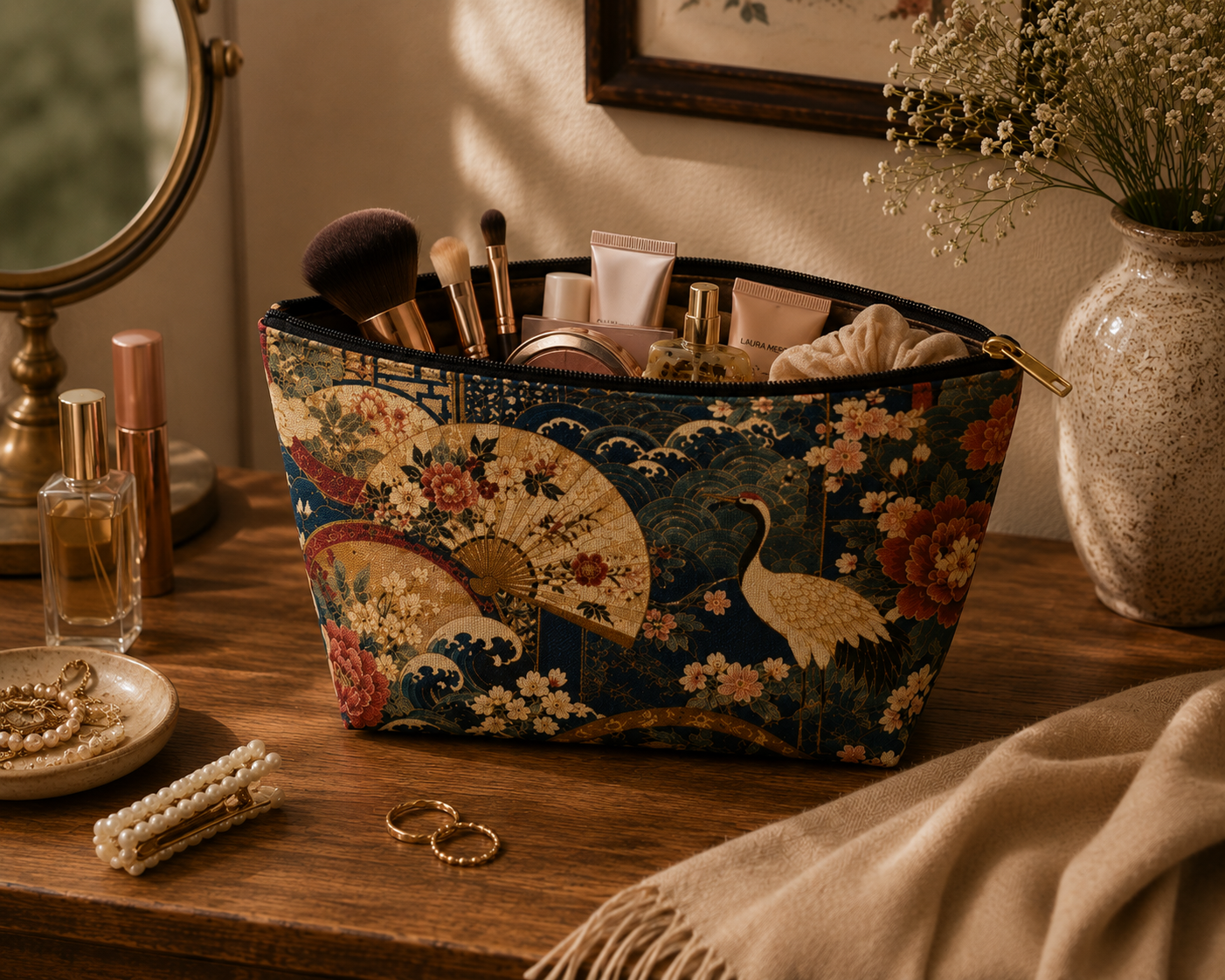 East Asian Floral Crane Accessory Makeup Pouch