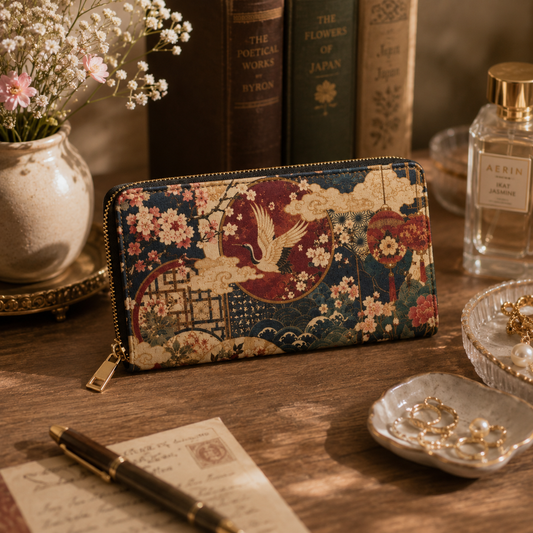 East Asian Floral Crane Zipper Wallet