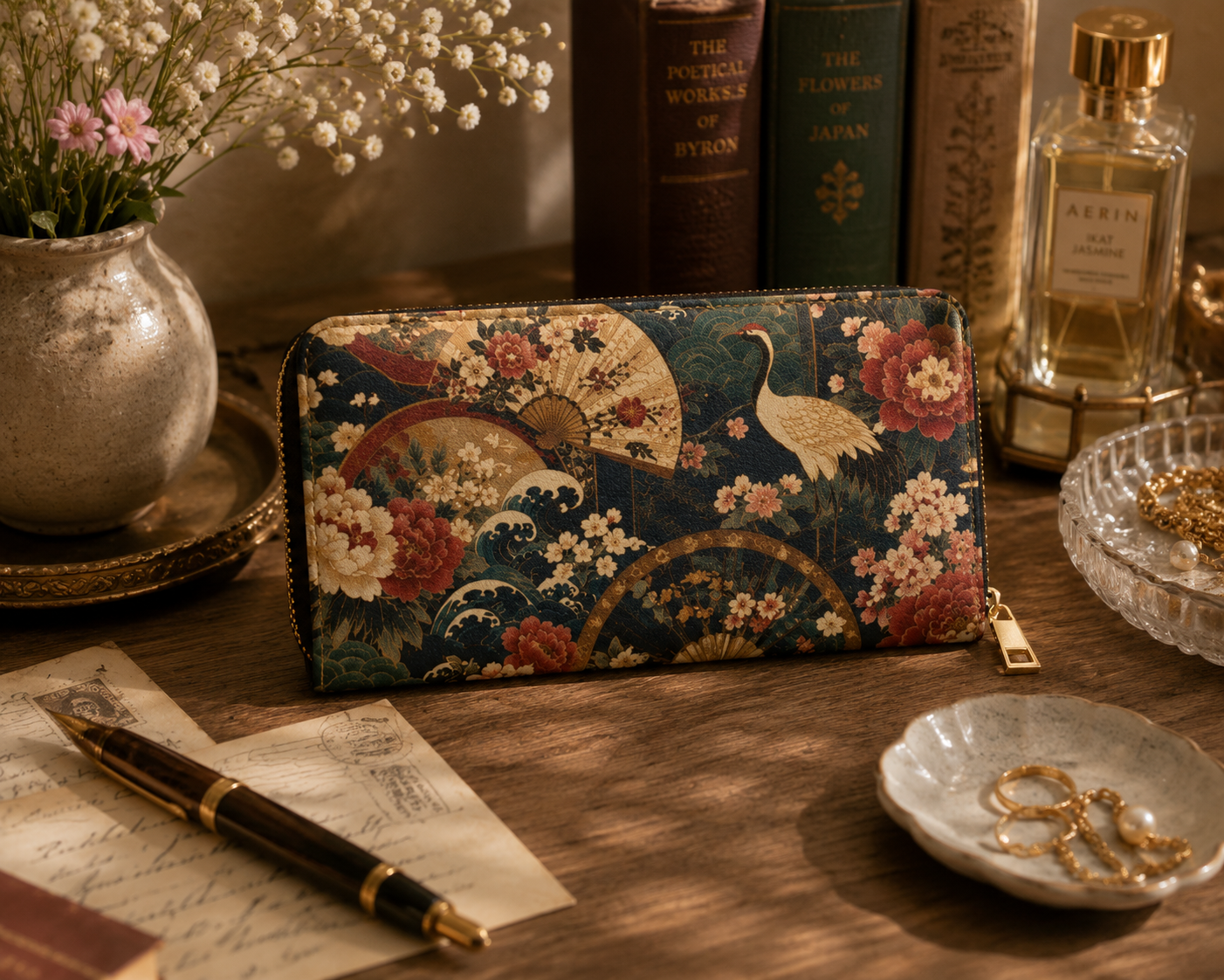 East Asian Floral Crane Zipper Wallet