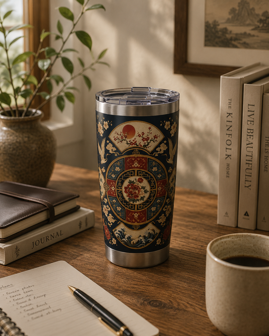 East Asian Oriental Floral Medallion Tumbler | 20oz Stainless Travel Cup