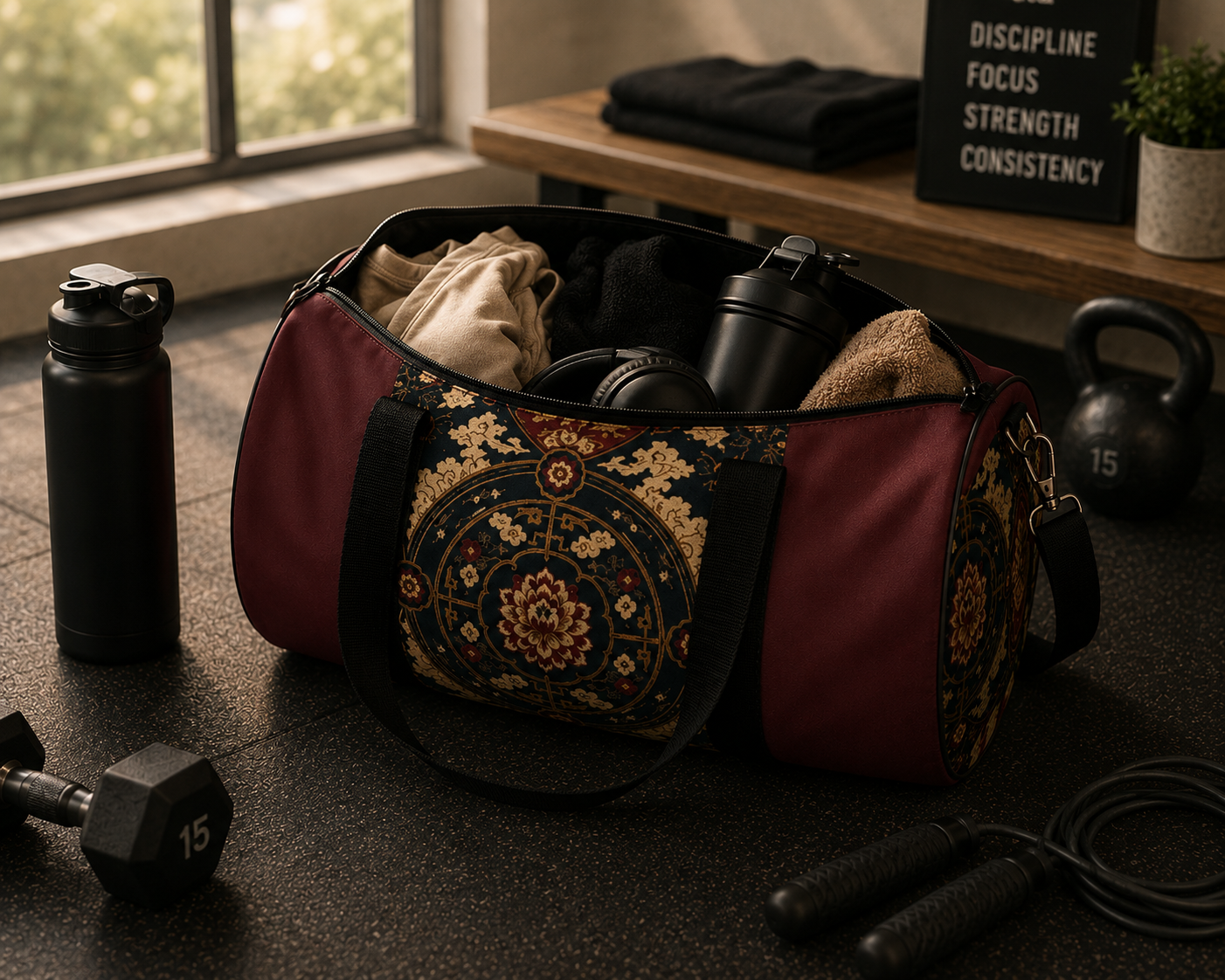 East Asian Mandala Maroon Red Duffel Gym Bag