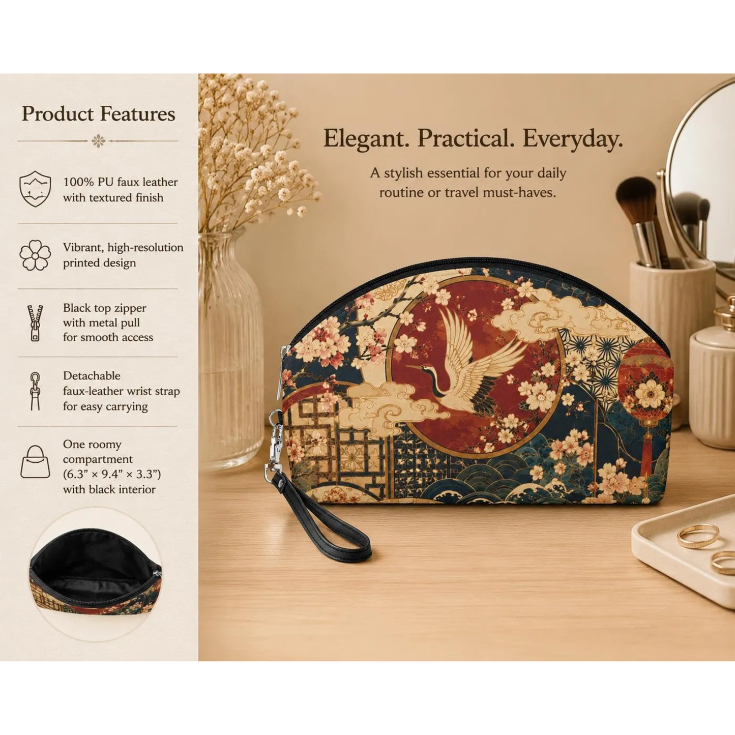 East Asian Floral Crane Makeup Bag