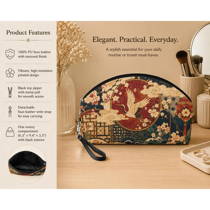 East Asian Floral Crane Makeup Bag