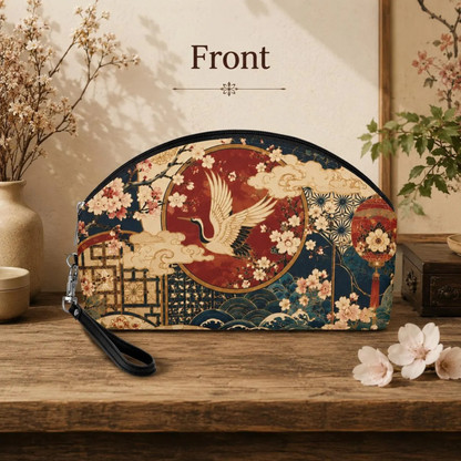 East Asian Floral Crane Makeup Bag