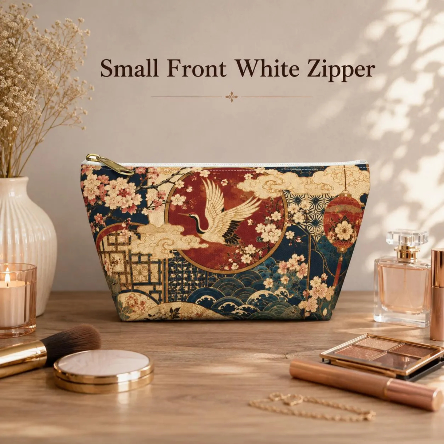 East Asian Floral Crane Accessory Makeup Pouch