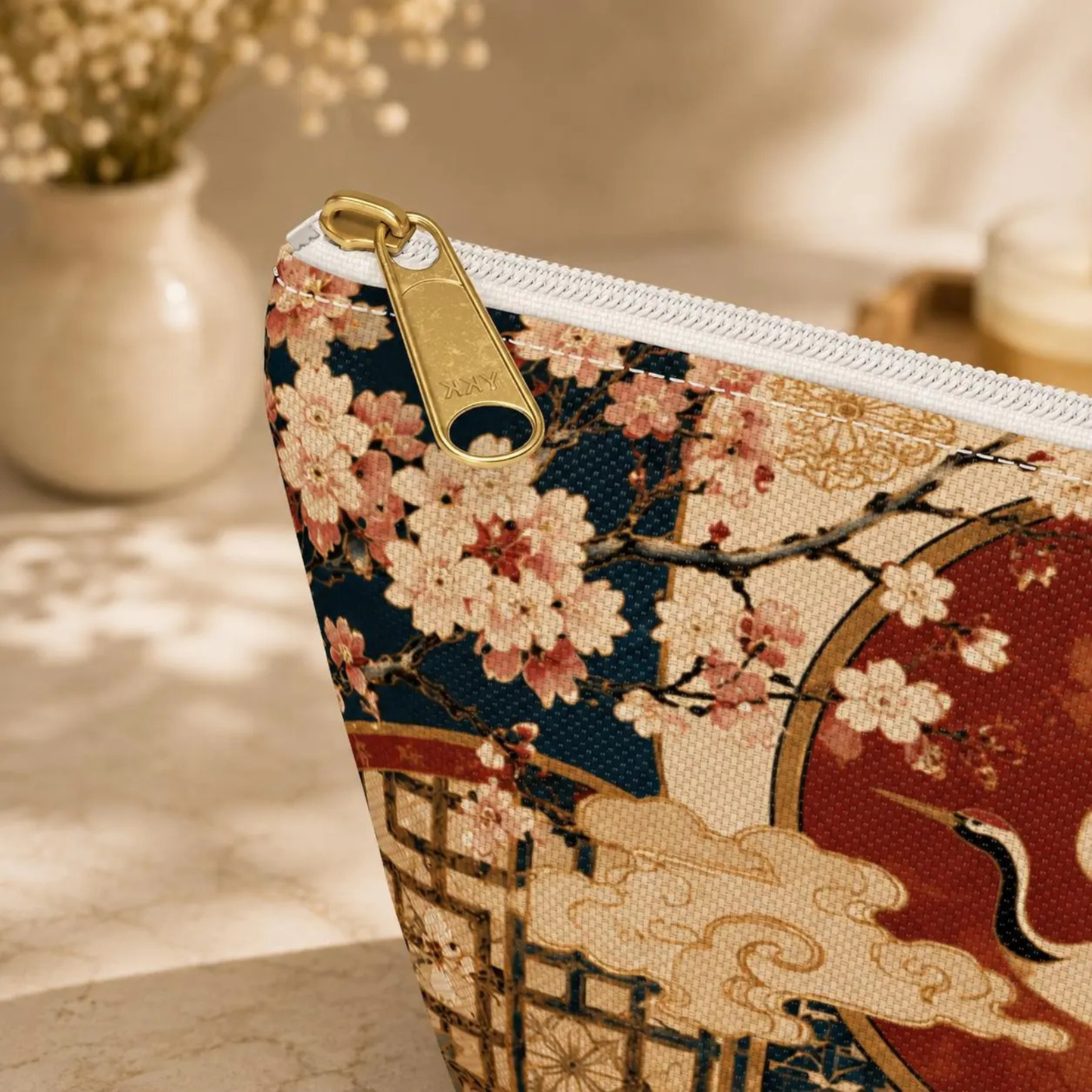East Asian Floral Crane Accessory Makeup Pouch