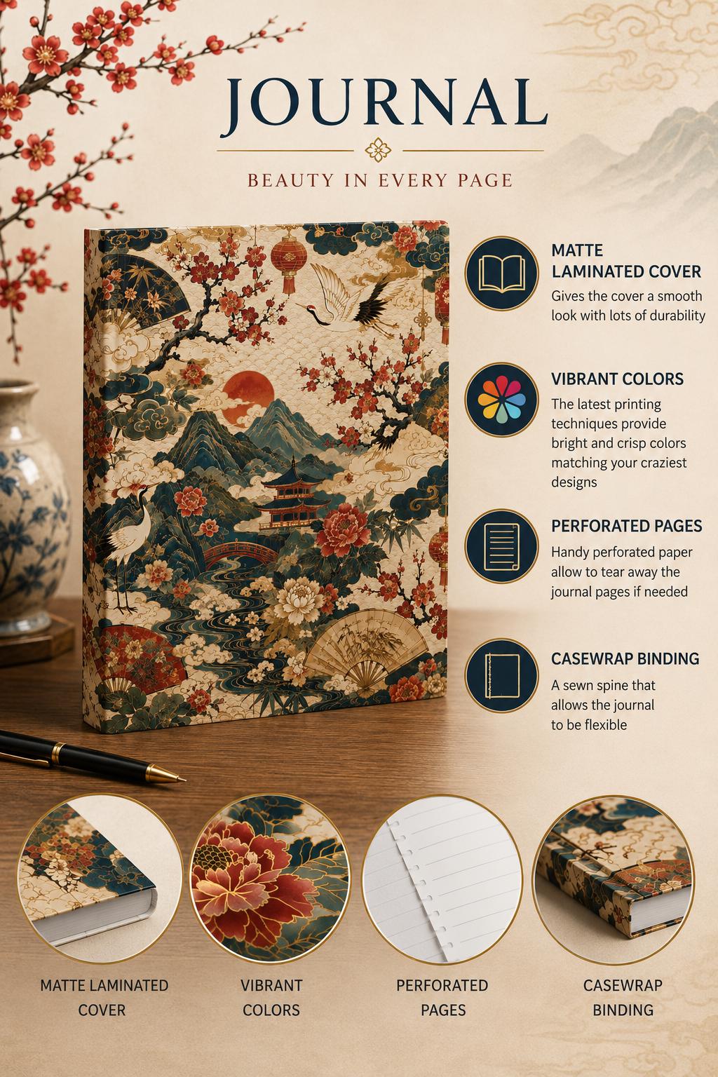 East Asian Vintage Landscape Hardcover Journal
