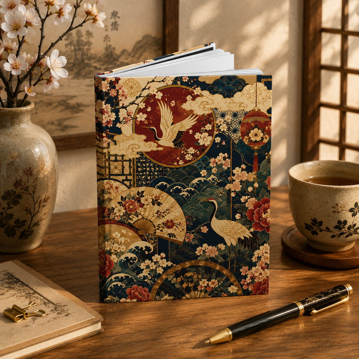 East Asian Floral Crane Hardcover Journal