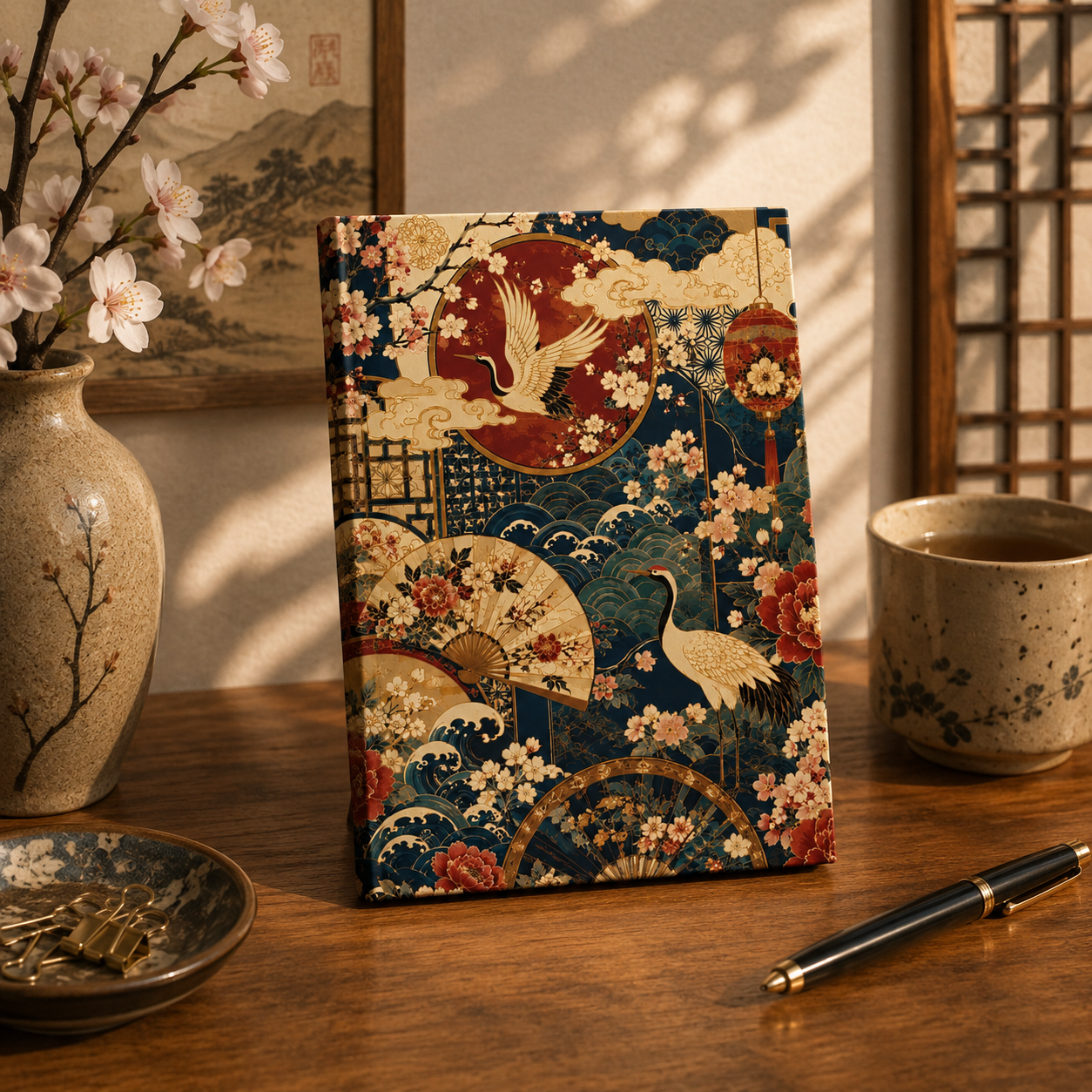 East Asian Floral Crane Hardcover Journal