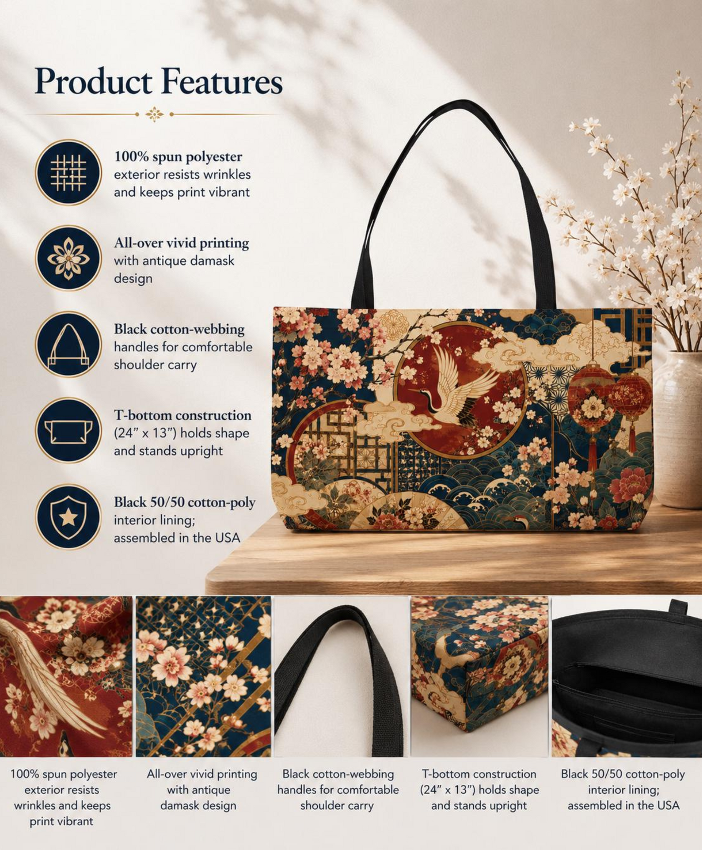 East Asian Floral Crane Weekender Tote Bag