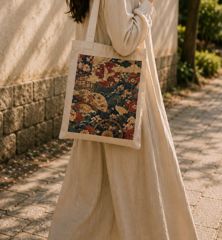 100% Natural Cotton East Asian Floral Crane Tote Bag