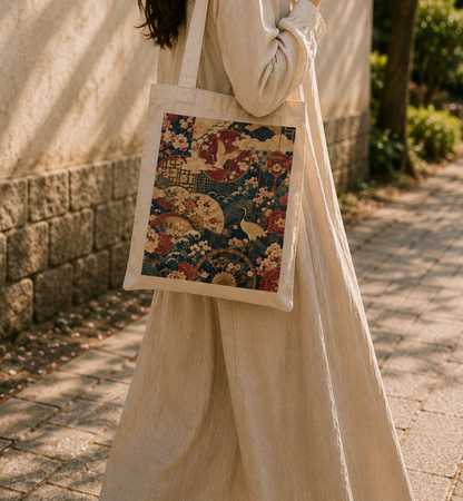 100% Natural Cotton East Asian Floral Crane Tote Bag