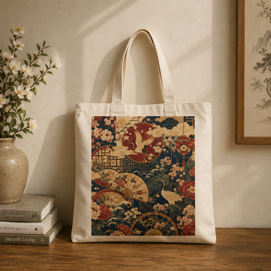 100% Natural Cotton East Asian Floral Crane Tote Bag