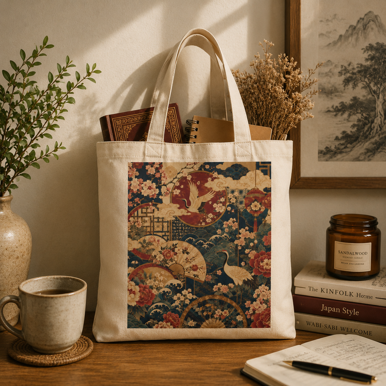 100% Natural Cotton East Asian Floral Crane Tote Bag