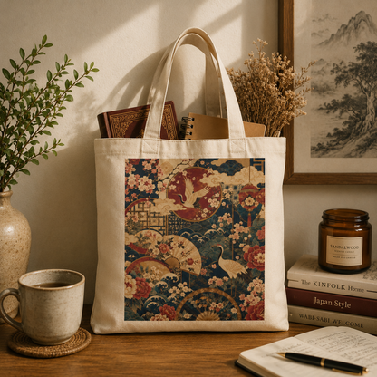 100% Natural Cotton East Asian Floral Crane Tote Bag