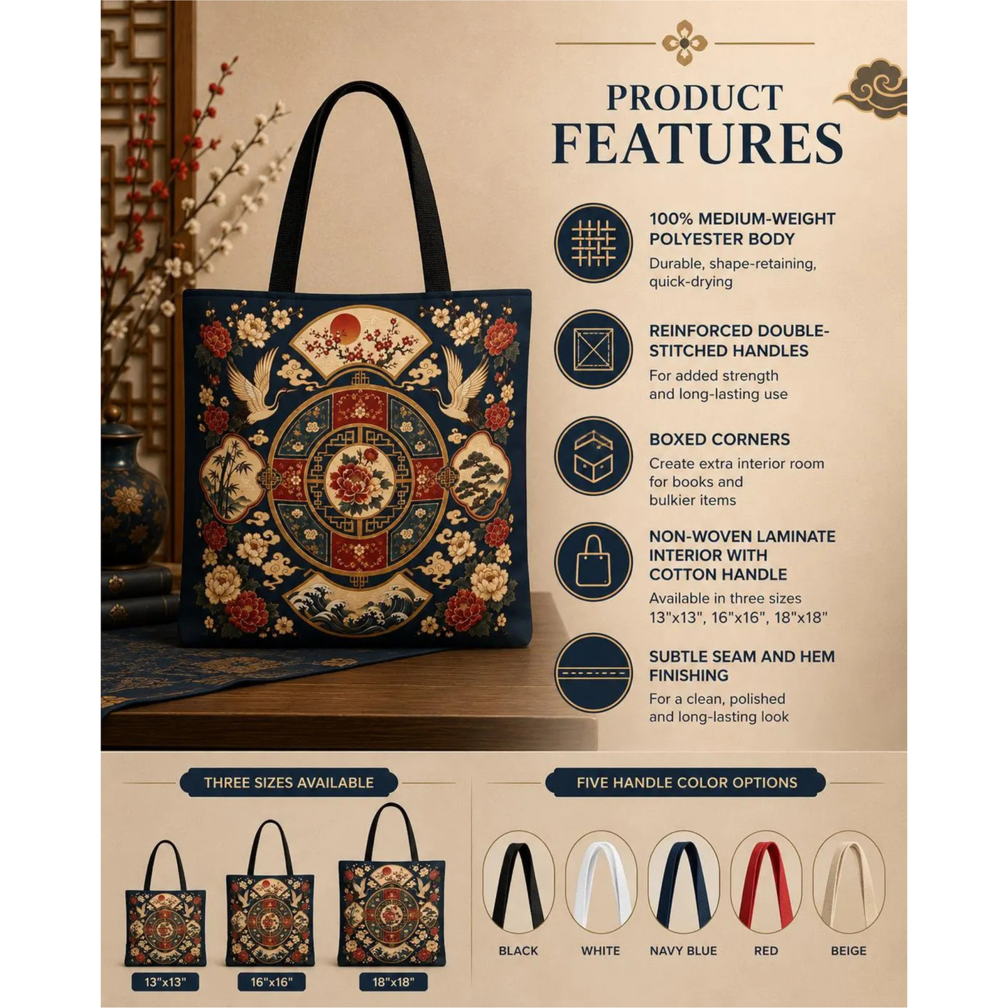 East Asian Vintage Oriental Medallion Full Art Tote Bag