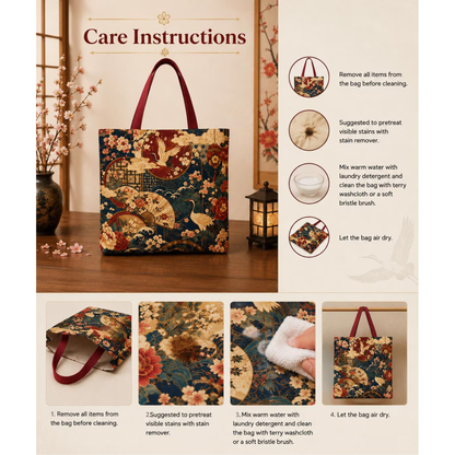 East Asian Floral Crane Full Art Tote Bag