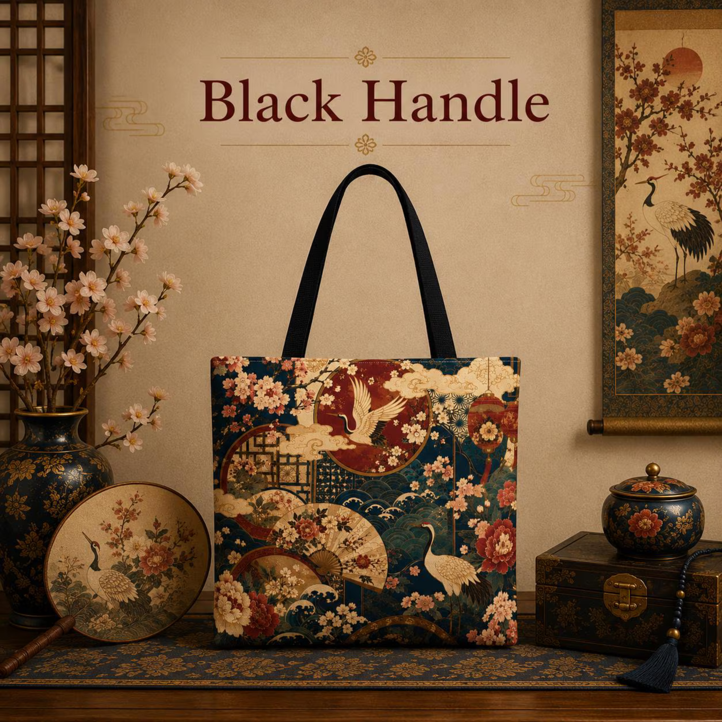 East Asian Floral Crane Full Art Tote Bag