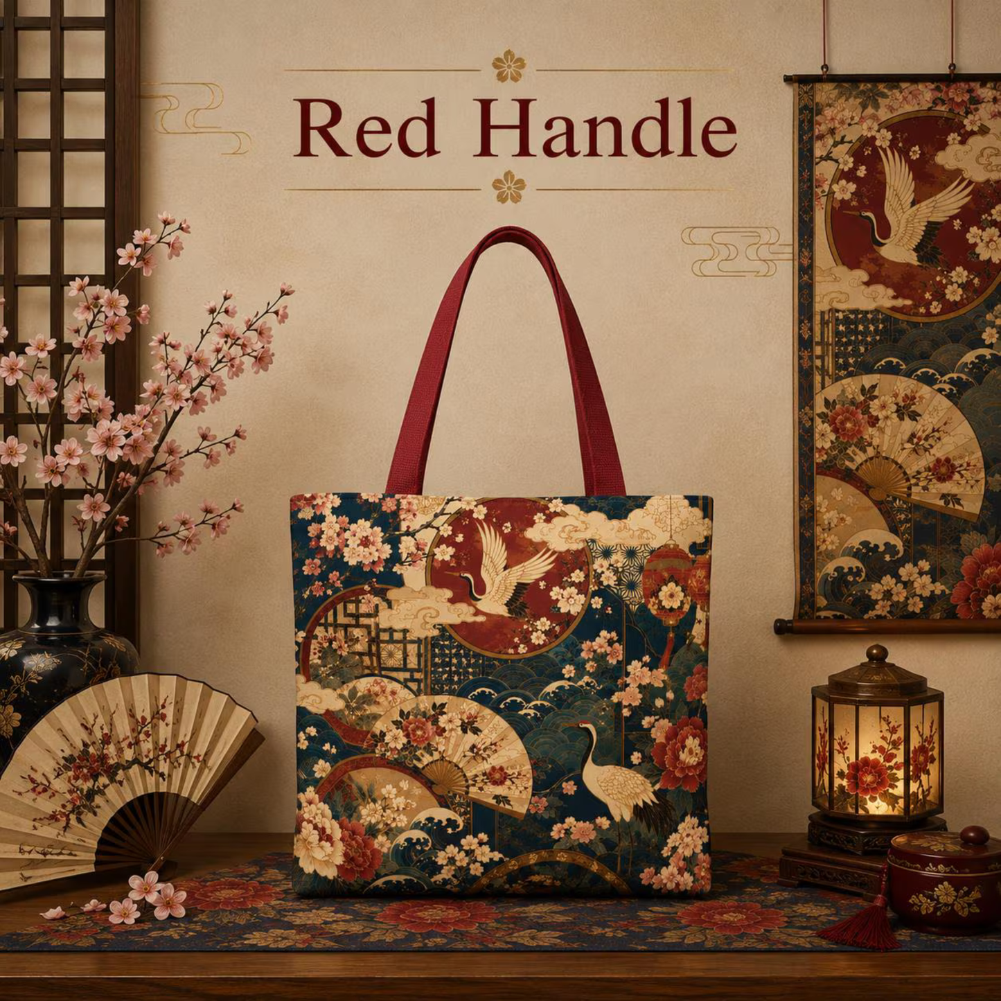 East Asian Floral Crane Full Art Tote Bag
