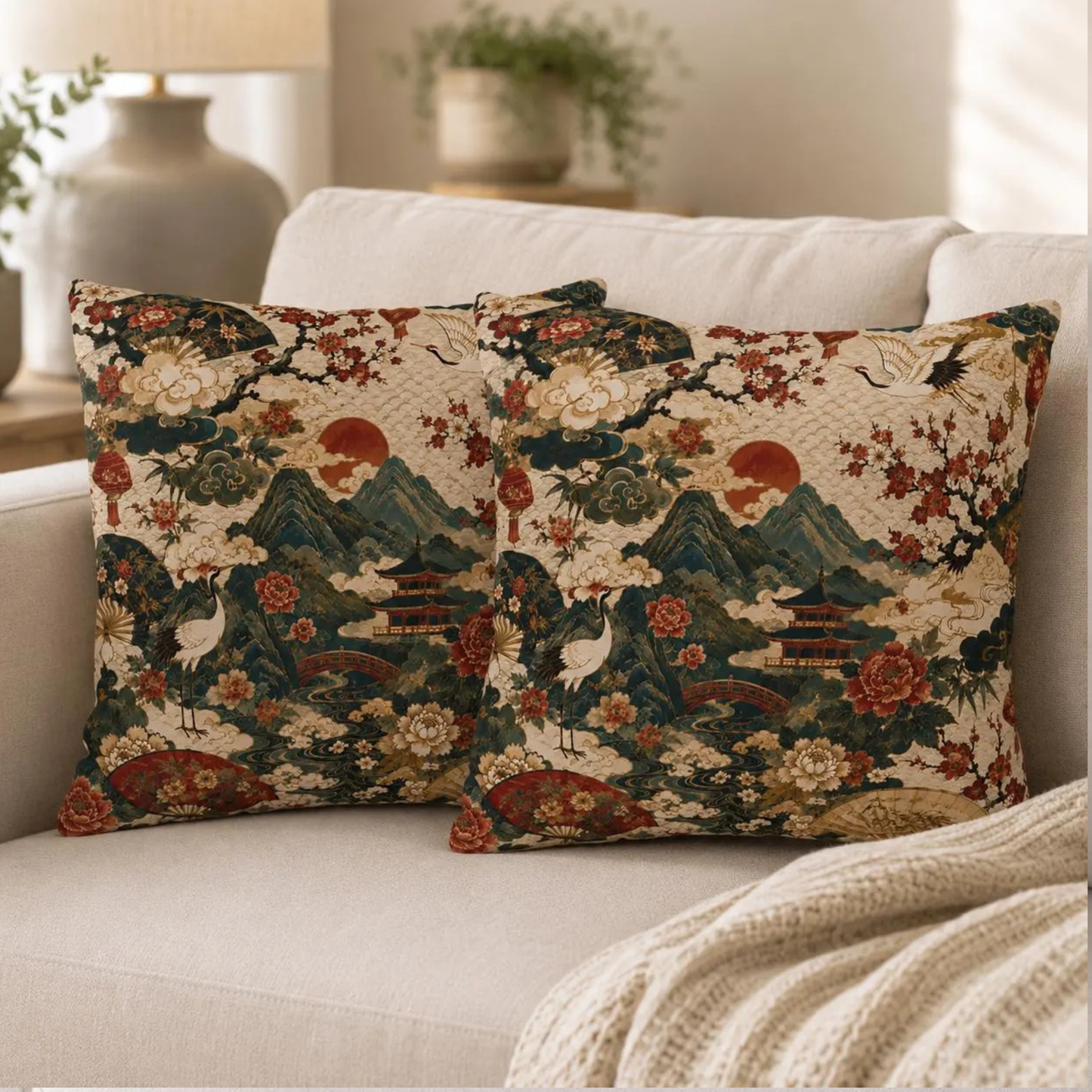 East Asian Vintage Landscape Pillow Case