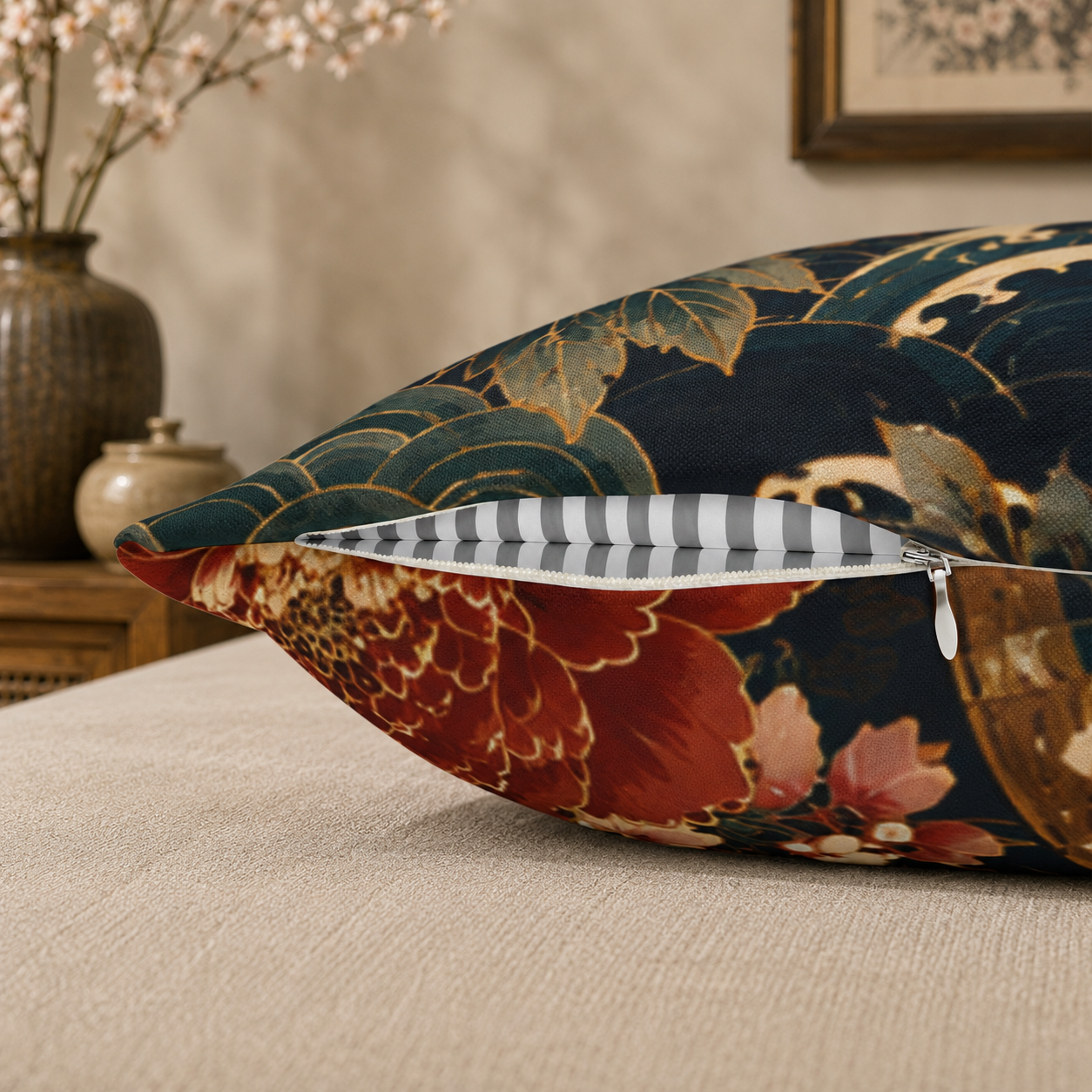 East Asian Floral Crane Pillow Case