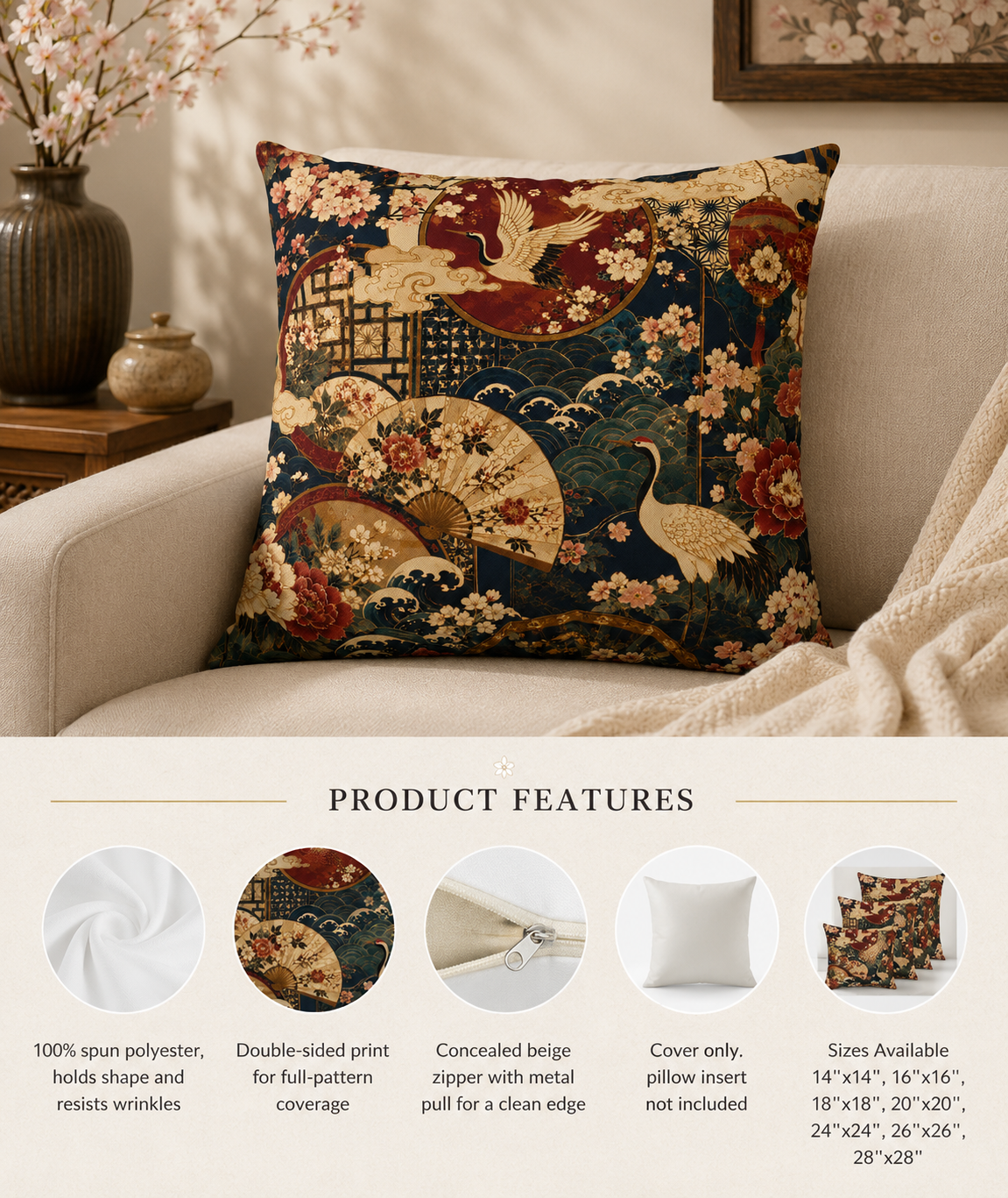 East Asian Floral Crane Pillow Case