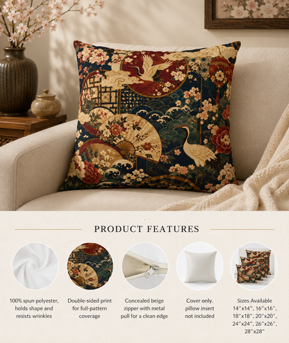 East Asian Floral Crane Pillow Case