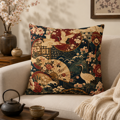 East Asian Floral Crane Pillow Case