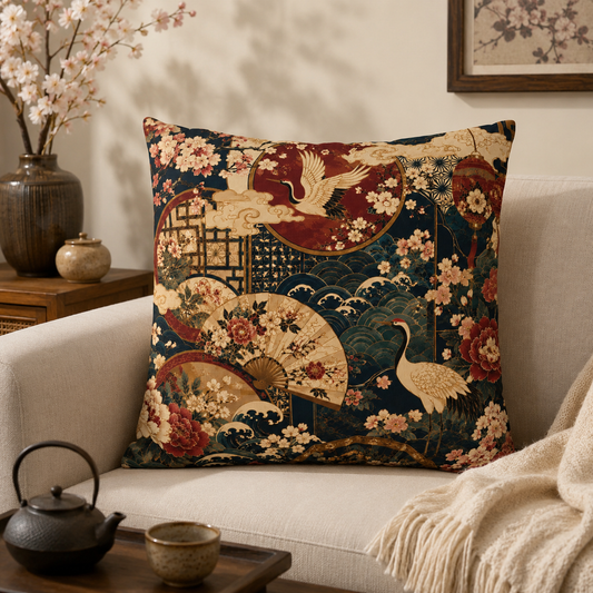 East Asian Floral Crane Pillow Case