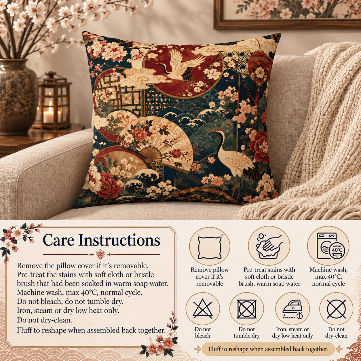 East Asian Floral Crane Pillow Case