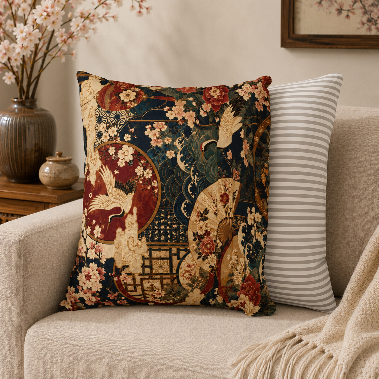East Asian Floral Crane Pillow Case