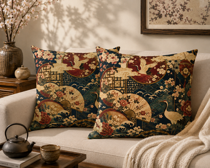 East Asian Floral Crane Pillow Case