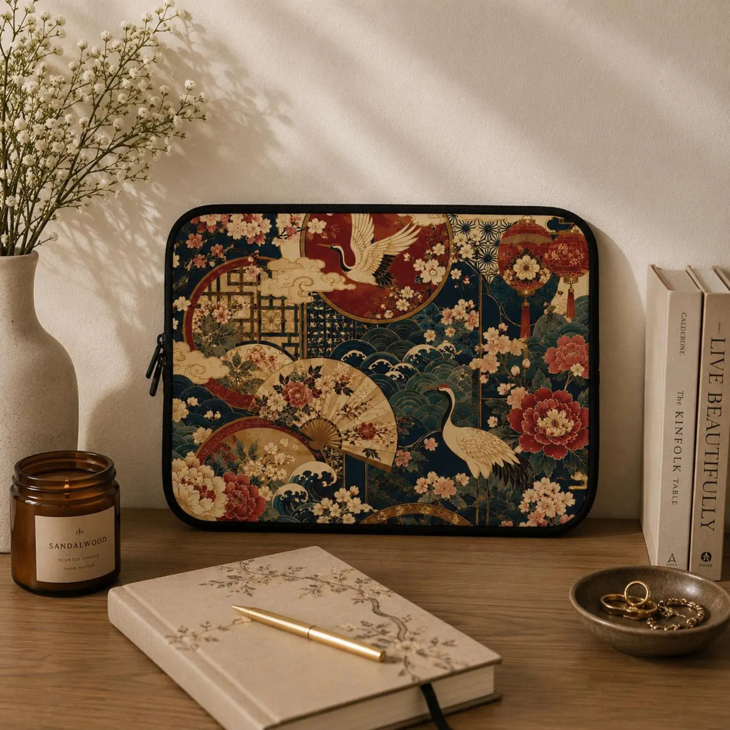 East Asian Floral Crane Pillow Case